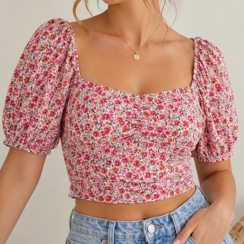 Floral Puff Sleeve Ruched Crop Top Square Neck Cottagecore Pink Size S Festival